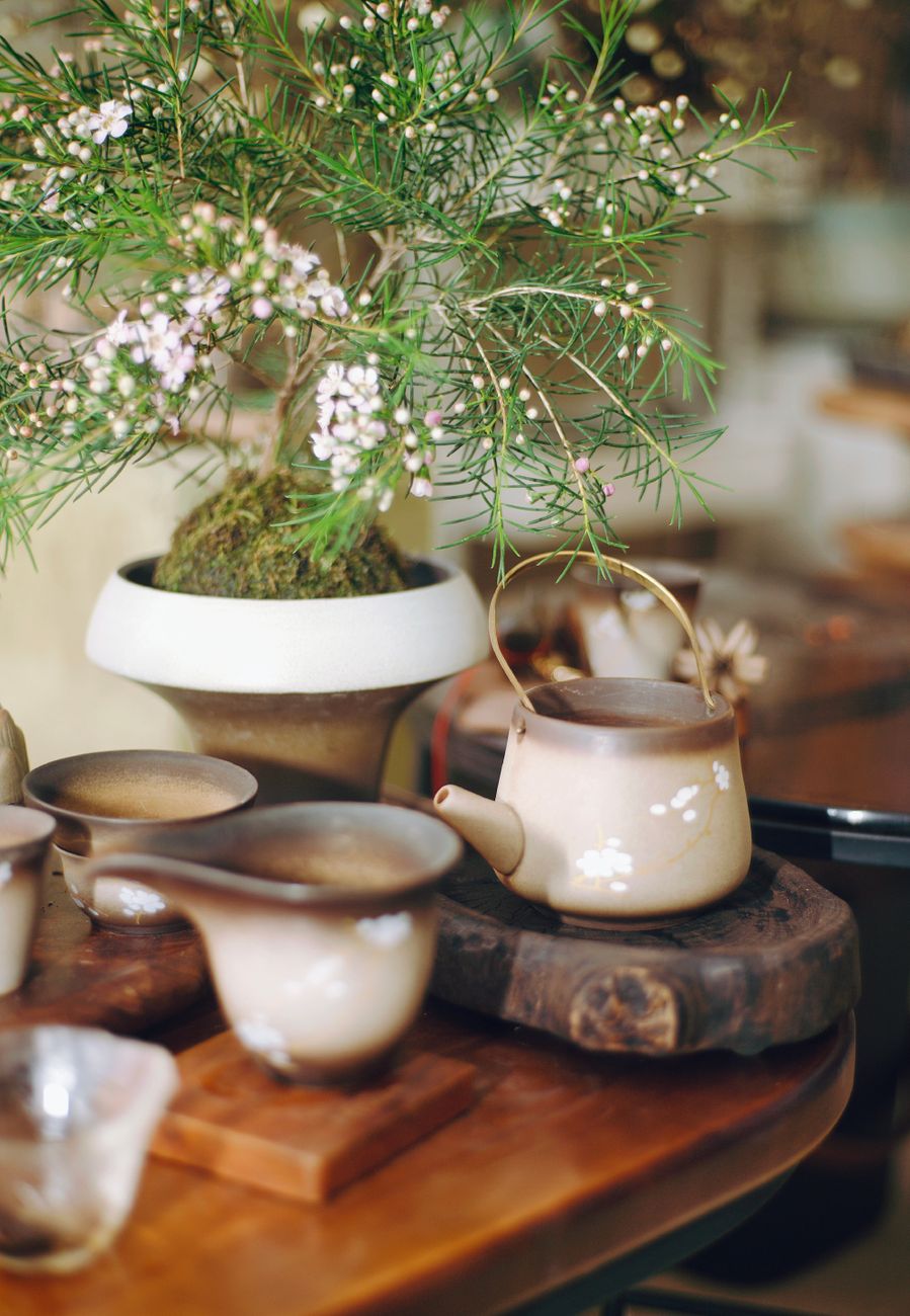 Traditional Japanese tea setting with handcrafted ceramic dishware in Kyoto